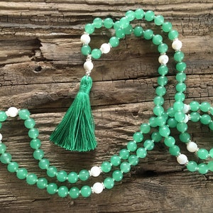 Mala Soothe turmoil in the heart Mala necklace 108 beads Aventurine, mother of pearl Paua shell Sterling silver Chain Tassel green image 9