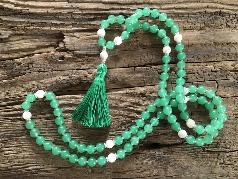 Mala Soothe turmoil in the heart Mala necklace 108 beads Aventurine, mother of pearl Paua shell Sterling silver Chain Tassel green image 9