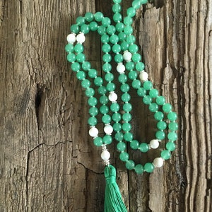 Mala Soothe turmoil in the heart Mala necklace 108 beads Aventurine, mother of pearl Paua shell Sterling silver Chain Tassel green image 4