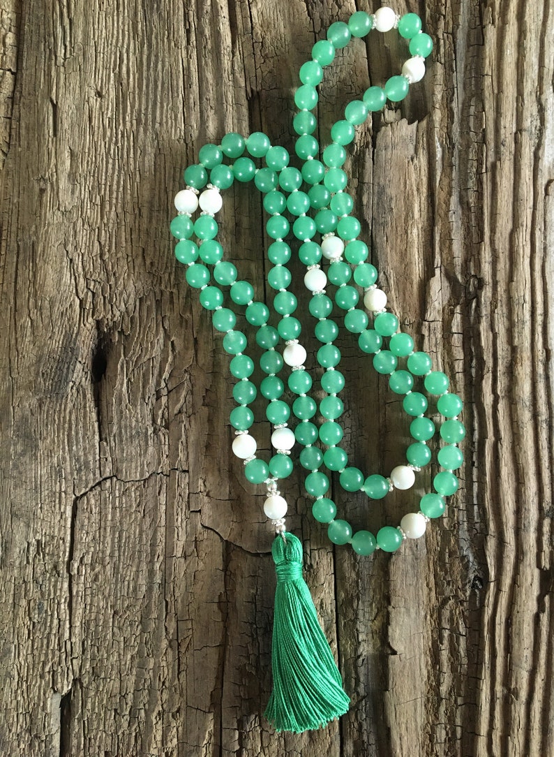 Mala Soothe turmoil in the heart Mala necklace 108 beads Aventurine, mother of pearl Paua shell Sterling silver Chain Tassel green image 4