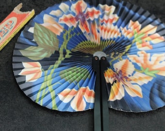 Vintage handfläkt vikbart blått papperstillbehör, sällsynt Sovjetunionen gåva till mor, souvenir till mormor, rollfest japansk stil, sovjetisk fläkt