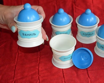Set di 6 scatole per spezie, barattoli da cucina vintage in plastica, set di spezie per pepe in stile sovietico, idea regalo utile per casalinghe