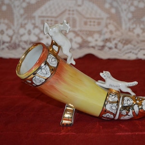 porcelain Horn vintage decor rare Art & Collectibles figurine with deer and hunting dogs, fauna animals plot, the ussr Christmas gift 70s
