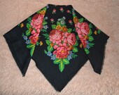 Accessories Scarves Shawls flowers black russian soviet ussr scarf wool cloth pink boho ethnic vintage USSR fringe bohemian folk floral gift