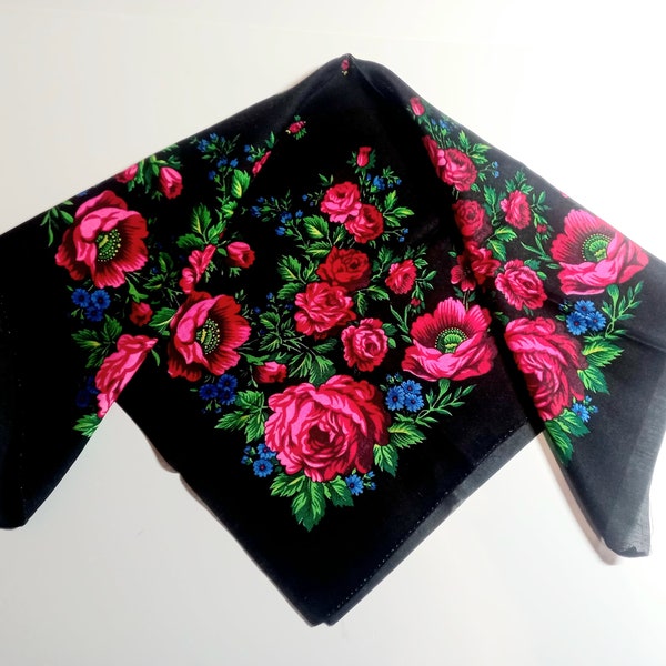 Shawl Accessories Scarves Wraps flowers on russian shawl chale soviet vintage wool cloth scarf boho ethnic black fringe folk floral bohemian