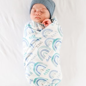 Personalised Blue Rainbow Swaddle Blanket