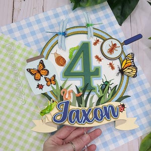 May include: A green number four cake topper with a blue banner that says "Jaxon". The topper is decorated with butterflies, ladybugs, a magnifying glass, and other bugs. The topper is on a blue and white checkered background.