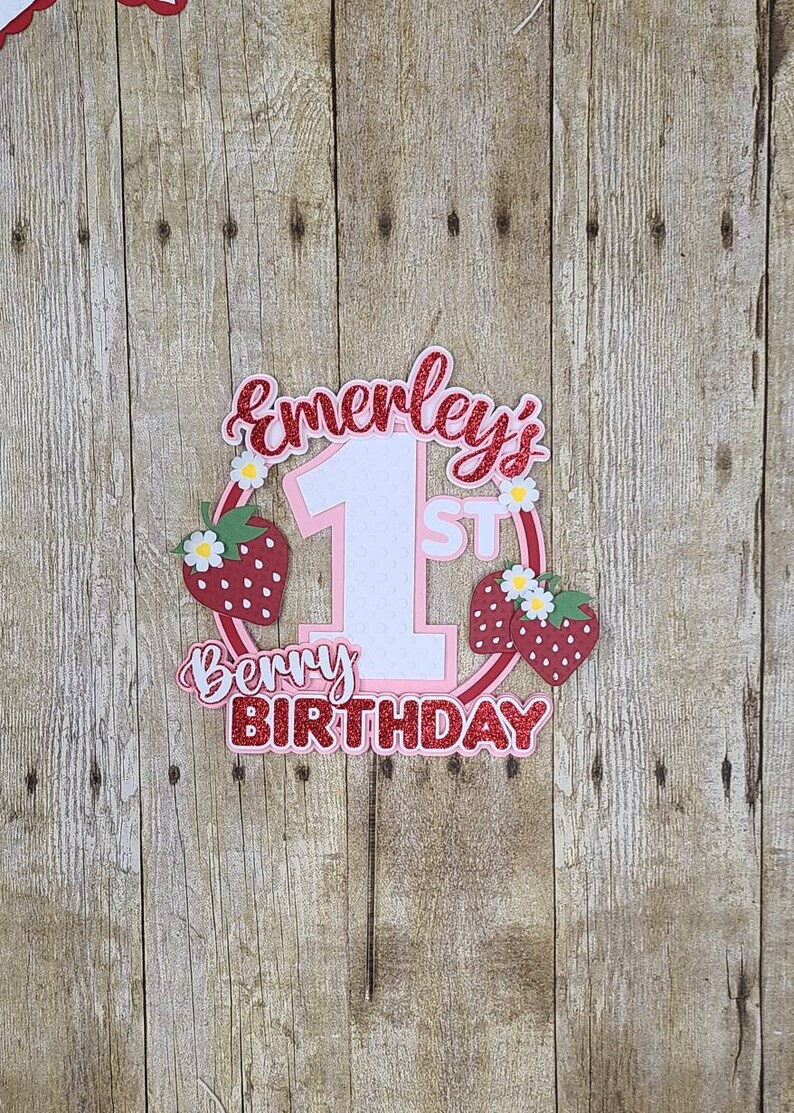 Strawberry 1st Birthday Cake Topper - Glitter & Flower Design, Fruit Theme Baby Shower Decor, Single Pick - View #8