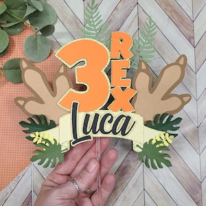 Three-Rex Cake Topper: Orange & Green Dinosaur Party Decor