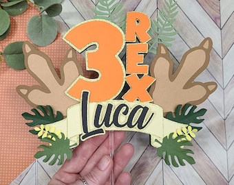 Three-Rex Cake Topper: Orange & Green Dinosaur Party Decor