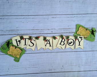 Banner de Peter Pan para baby shower, mapa de Nunca Jamás, letrero "Es un niño"