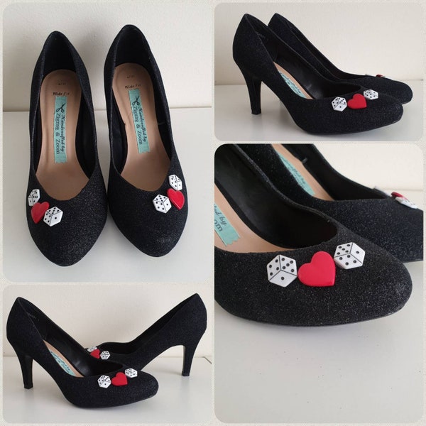 Are you feeling lucky? Love heart & dice black glitter court shoes, alternative wedding shoes