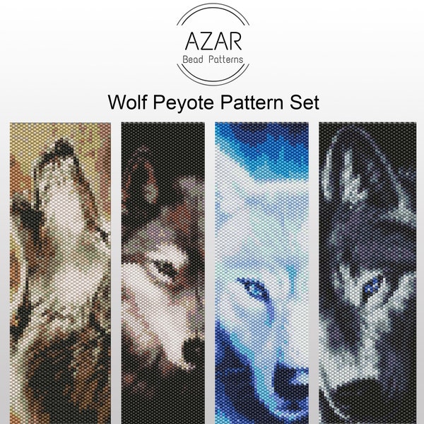 Wolf Bracelet Peyote Pattern Bracelet Set | Dog Bead Pattern | Wild Animal Pendant Pattern Bundle | Blue Wolf Face Cuff | Even Count Peyote