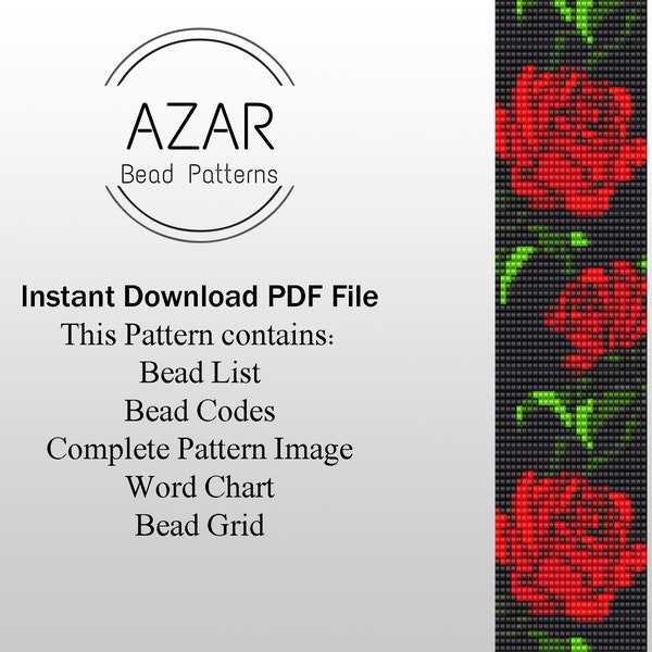 Roses Loom Bead Pattern | Flower Bead Bracelet Pattern |  Floral Pendant Pattern | Red Flowers Pattern | Nature Pattern | Vines Bead Flowers