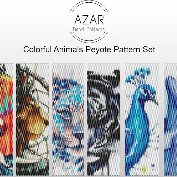 Colorful Animals Bead Peyote Pattern Set of 6 | Tiger Bracelet Pattern | Lion Wolf Peyote Pattern | Dolphin Peackock Even Count Peyote