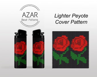 Red Rose Lighter Peyote Pattern | Dark Bead Lighter Cover Pattern | Flower Pattern | Even Count Stitch Peyote | Floral Lighter Pattern