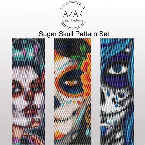 Sugar Skull Peyoe Pattern Set| Skull Goth Bracelet Pattern | Colorful Santa Muerte | Skeleton Face Pendant | Halloween Woman Bead Peyote