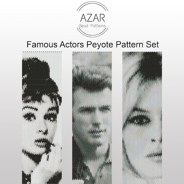 Famous Movie Stars Peyote Bead Pattern Set | Audrey Hepburn Bracelet Pattern | Clint Eastwood Pendant | Brigitte Bardot Even Count Peyote