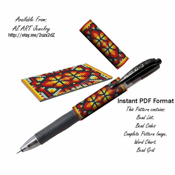 Peyote Pen Cover Pattern Geometric \ Pattern For G2 Pen Pilot \ Instant Download PDF \ Peyote Pen Wrap Tutorial \ Delica Seed Beads Pattern