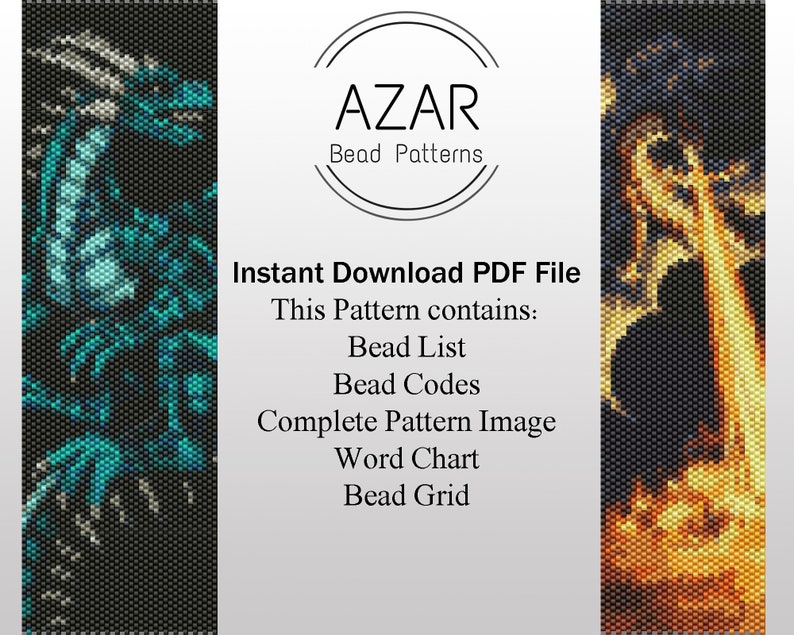 Dragon Bead Peyote Pattern Set Animal Bracelet Pattern Fire Flame Peyote Pattern Fire Breath Even Count Peyote Red Azuar Pendant image 1