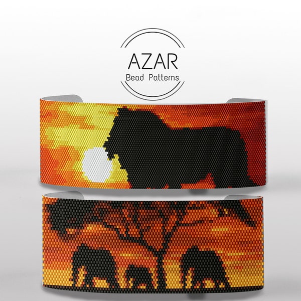 Africa Peyote Bracelet Pattern Set | Elephant Family Bead Pattern | Lion Animal Pendant Pattern | Sunset Sunrise Even Count Peyote Stitch