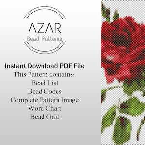 Red Rose Beaded Peyote Pattern | Floral Peyote Bead Bracelet | Flower Spring Pendant | Even Count Peyote | Nature Vines Bead Cuff Pattern