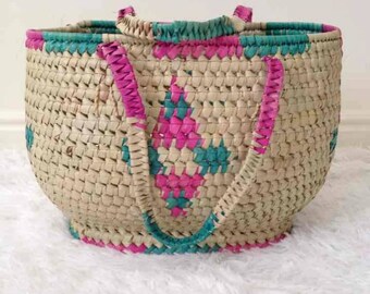 Vintage Woven Seagrass Basket Bag Purse With Handles Pink Green Natural Boho Decor