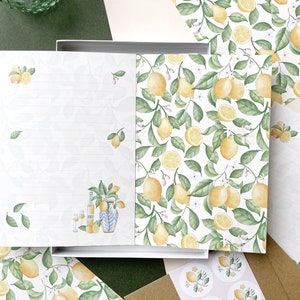 A5 Zitrone Schreibpapier Geschenkbox. Mediterranes Buchstaben Set.