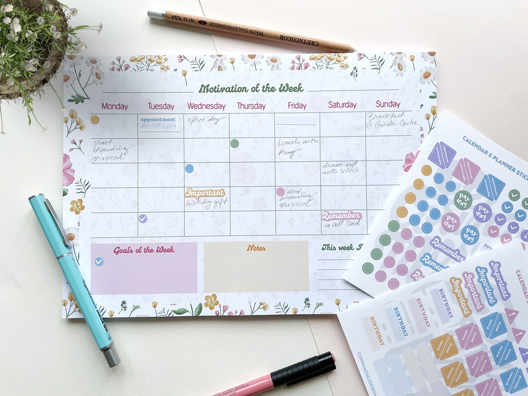 Weekly Planner Pad. A4 Meadow Floral Desk Calendar. Mediterranean ...