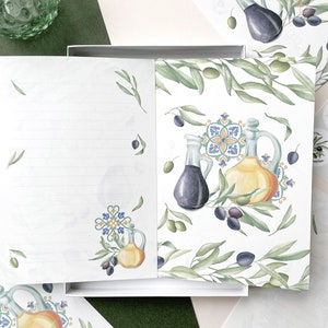 Coffret cadeau papier à lettres A5 olives. Set d'écriture de lettres méditerranéennes.