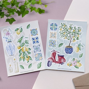 Mediterrane illustrierte Sticker. Italienische Motive Set. Illustrierte Zitronen, Floral, Dateien.