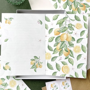 Boîte cadeau papier citron A5. Set d'écriture de lettres illustrées méditerranéennes.