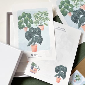 Boîte cadeau en papier A5 pour les amateurs de plantes d'intérieur. Set d'écriture de lettres illustrées personnalisées.