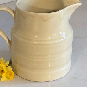 May include: A cream-colored ceramic pitcher with a ribbed design and a handle. The pitcher is sitting on a white surface with a few yellow daffodils in front of it.