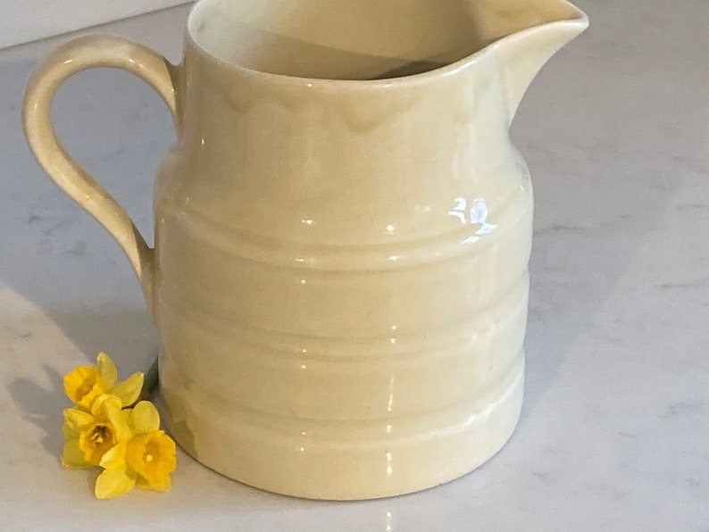 May include: A cream-colored ceramic pitcher with a ribbed design and a handle. The pitcher is sitting on a white surface with a few yellow daffodils in front of it.