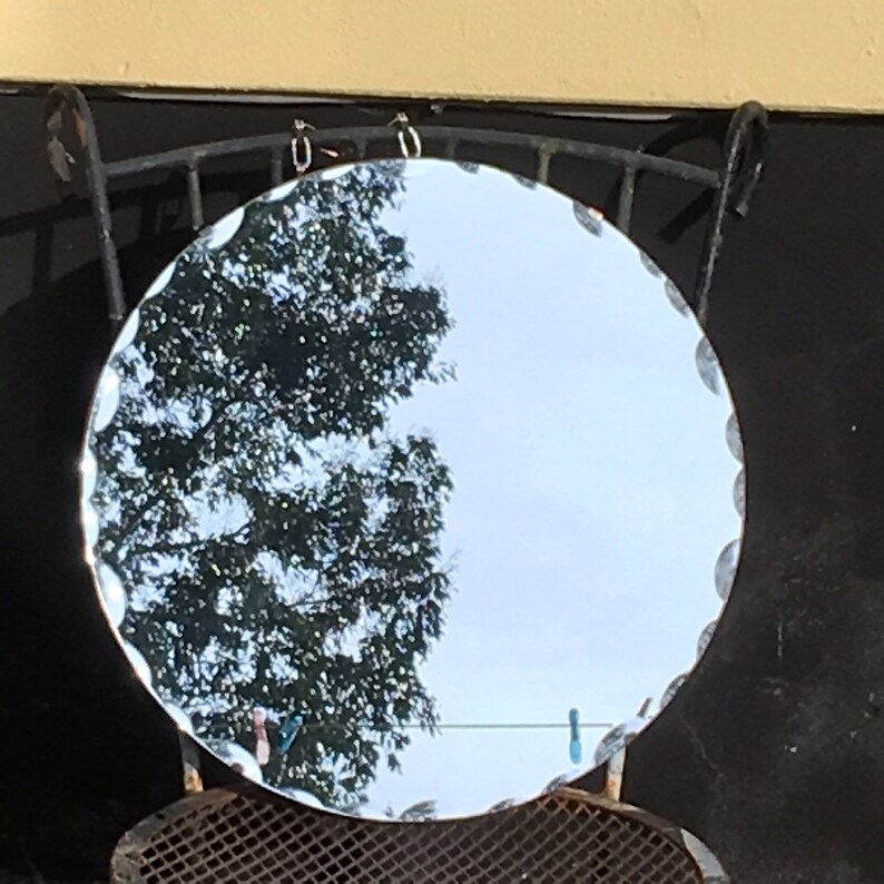 Art Deco Scalloped Bevelled Frameless Round Mirror 1930s