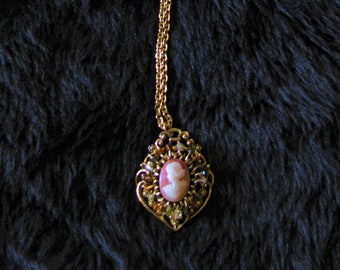 Goldtone Rhinestone Glass Cameo Pendant Necklace