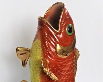 Vintage Asian Leaping Koi Fish Porcelain Vase 17&quot;