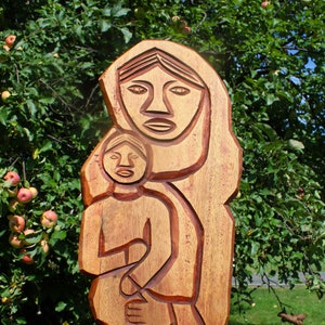 Vintage Wood Hand Carved Madonna and Child Art Work Religious Plaque Signed