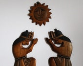 Mayan Aztec Folk Art Hand Carved Wood Natives Worshipping Sun God Wall Hanging Display
