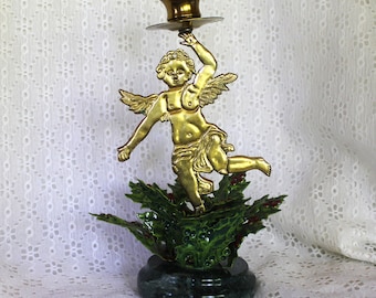 Vintage Petites Choses Brass Cherub Candleholder with Holly Leaves and Granite Base