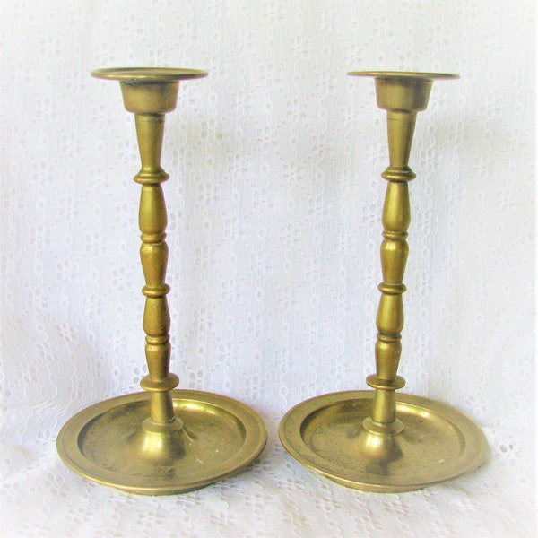 Vintage Pair of SOLID BRASS Candle Holders with Etched Asian Design