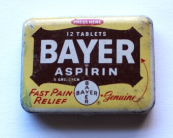 vintage Tin Bayer Aspirine avec couvercle à charnière, 12 tablettes, sac à main de poche, boîte de rangement en métal