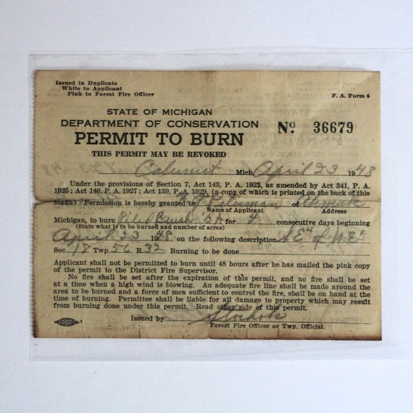 1948 PERMIT TO BURN State of Michigan Department of Conservation Form