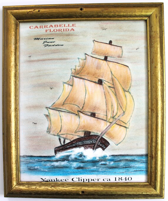 Vintage Carrabelle Florida Souvenir Pastels Drawing Yankee Clipper Ship  Framed 