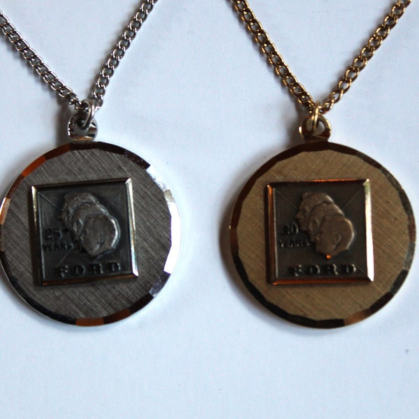 Vintage Silver and Gold Ford Motor Company 25 & 30 Years Service Pendant Necklaces