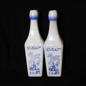 Vintage Vandermint Empty Liquor Bottles w/Tulip Caps, Dutch Windmill Blue & White