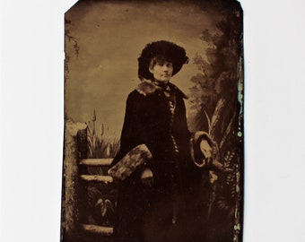 Antique Tintype Photograph: Fashionable Lady with Feather Hat & Fur Coat