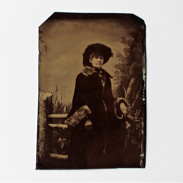 Antique Tintype Photograph Beautiful Fashionable Lady Tinted Cheeks Wearing Feather Hat & Fur Coat
