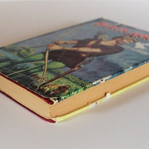 May include: A vintage paperback book with a red spine and a colorful illustration of Robin Hood on the cover. The title of the book is "Robin Hood" and the author is Howard Pyle.